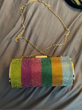 Multicolor Crystal Stripe Cylinder Crossbody Clutch